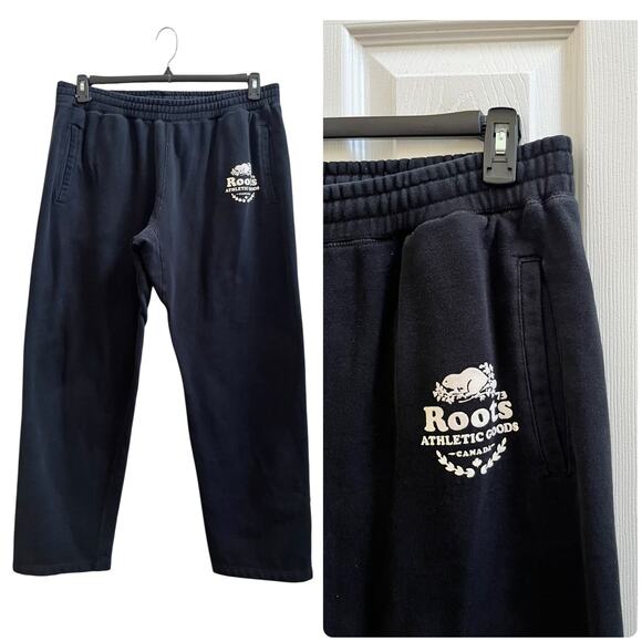Roots Black Cotton Blend Pocket Drawstring Waistband Sweatpants Size XXL - Picture 1 of 12